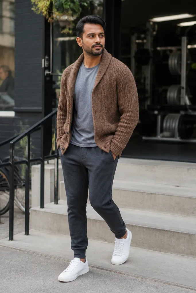 Brown cardigan over a gray tee with charcoal joggers and white leather sneakers