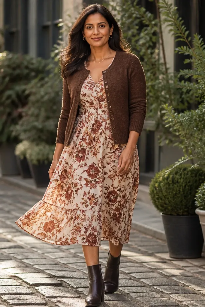 Brown cardigan over a floral midi dress with ankle boots