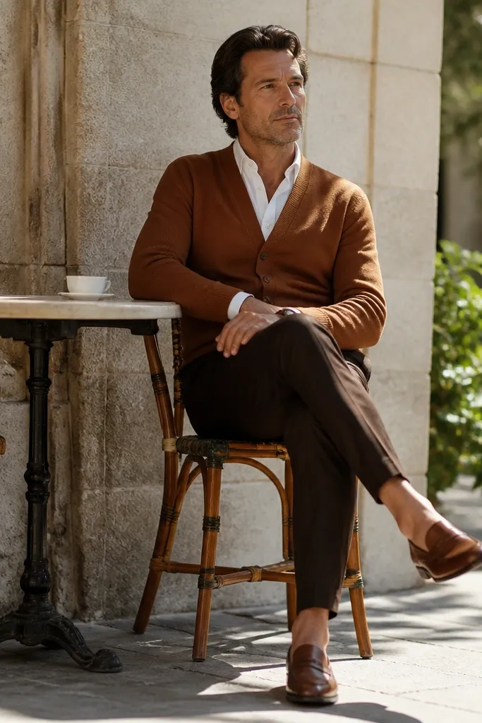 Cinnamon cardigan over a white shirt with dark trousers and cognac loafers