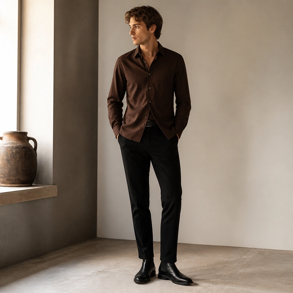 A chocolate brown long-sleeve shirt worn untucked over black tapered trousers, with black Chelsea boots; subtle shine on the boots and a dark belt is visible.
