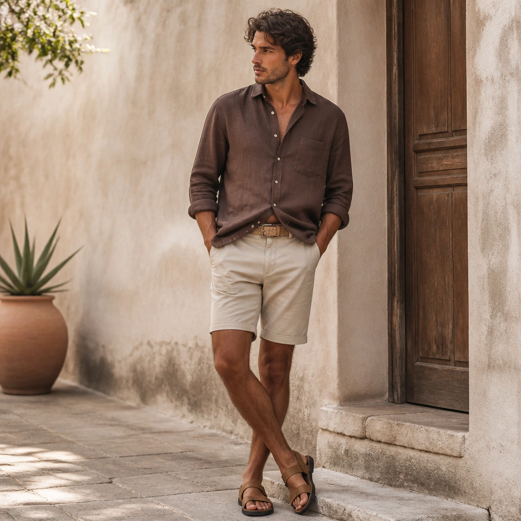 A dark brown linen button-up with relaxed wrinkles worn half-tucked over beige shorts, paired with a woven tan belt and casual sandals; warm daylight highlights the linen texture.