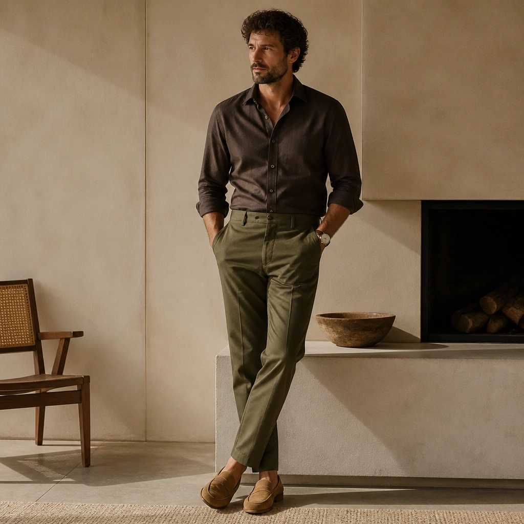 A charcoal-brown shirt tucked into olive chinos, with tan suede loafers; the photo shows a relaxed collar and a minimal wristwatch.