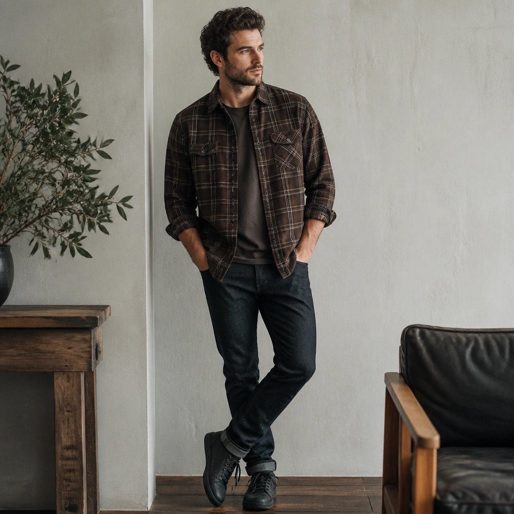 A dark brown flannel button-up layered over a simple tee, worn with dark wash jeans and black/dark gray sneakers; the flannel pattern is visible and the sleeves are cuffed.