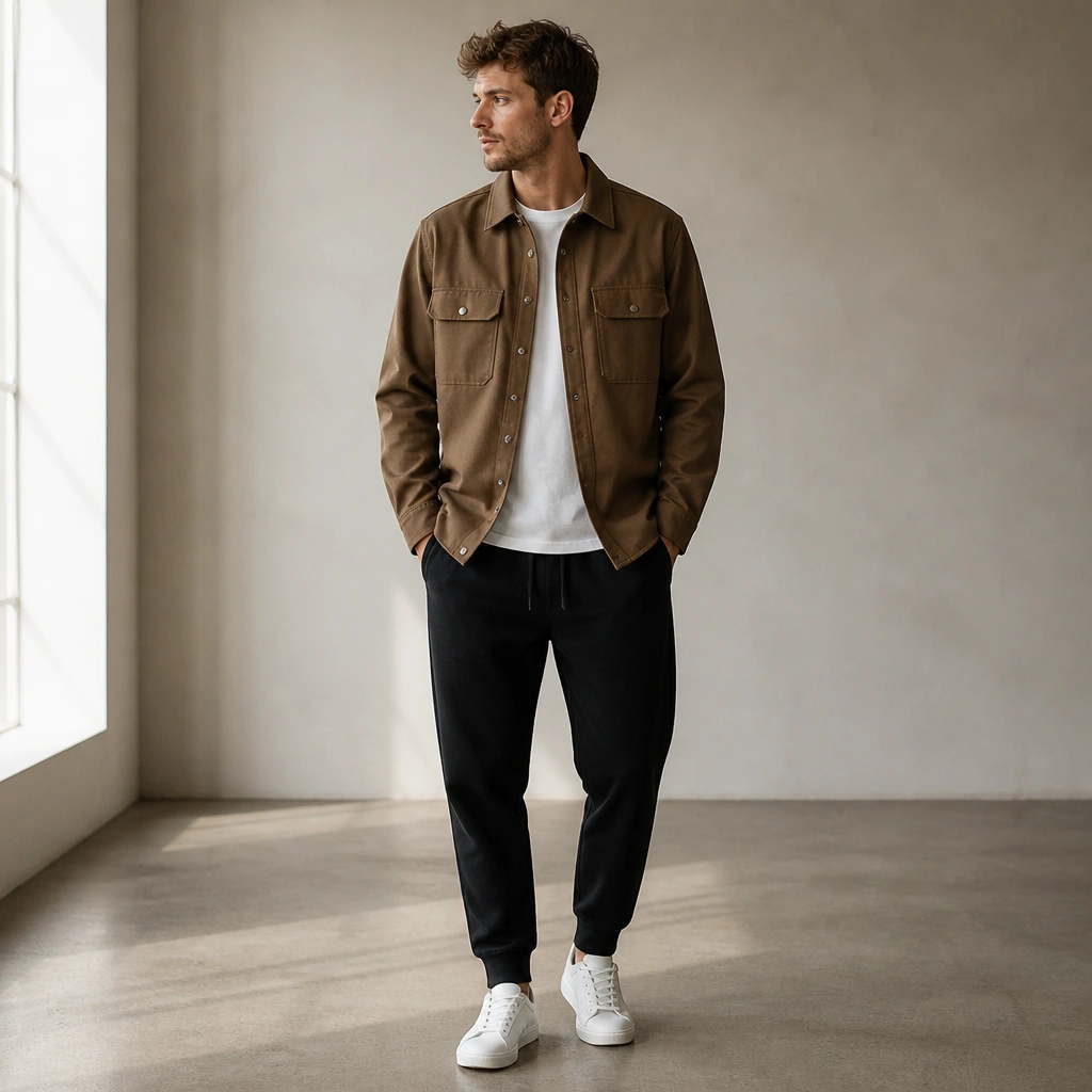 A brown shirt jacket (workwear style) worn like a jacket over a tee, paired with black joggers and clean minimal white sneakers; the front pockets and snap buttons are visible.