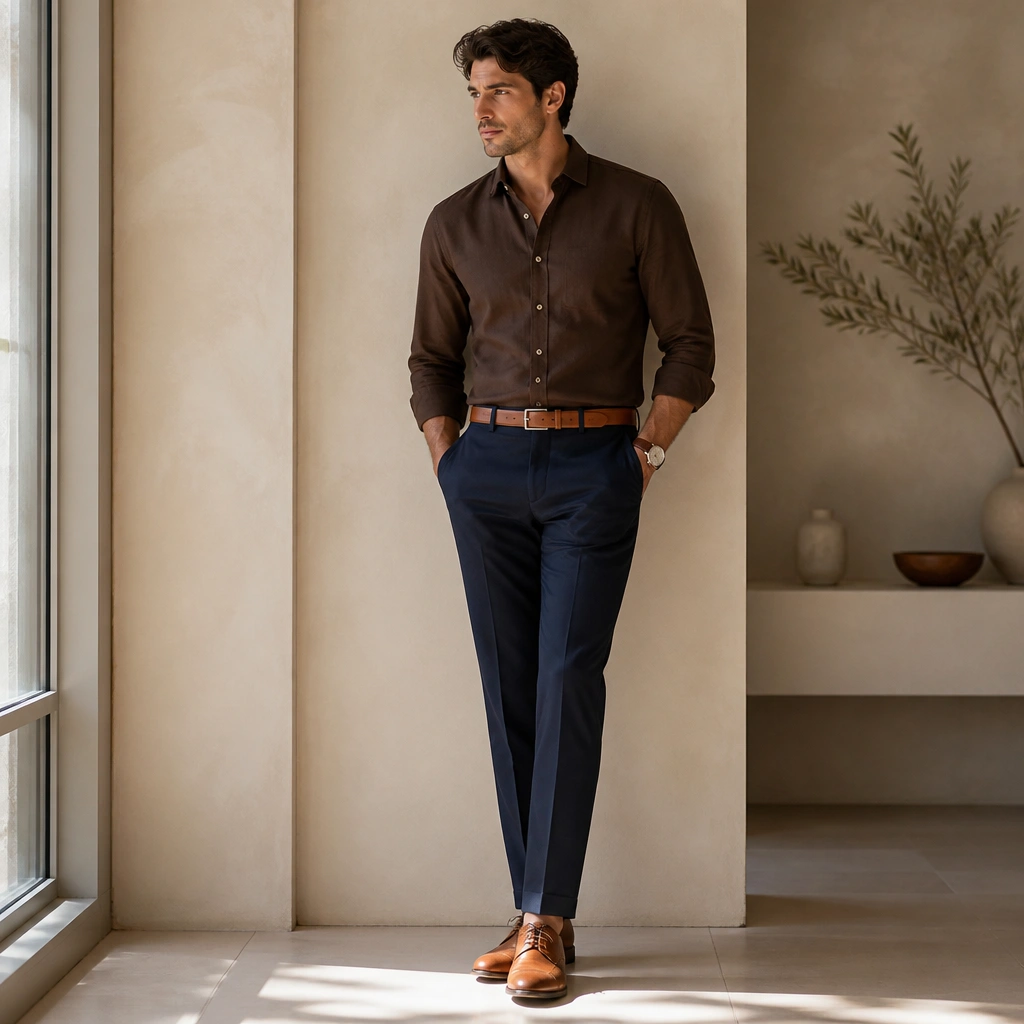 A dark brown button-up worn tucked into navy trousers, paired with tan leather derby shoes; a brown watch and belt match the shoe tone.
