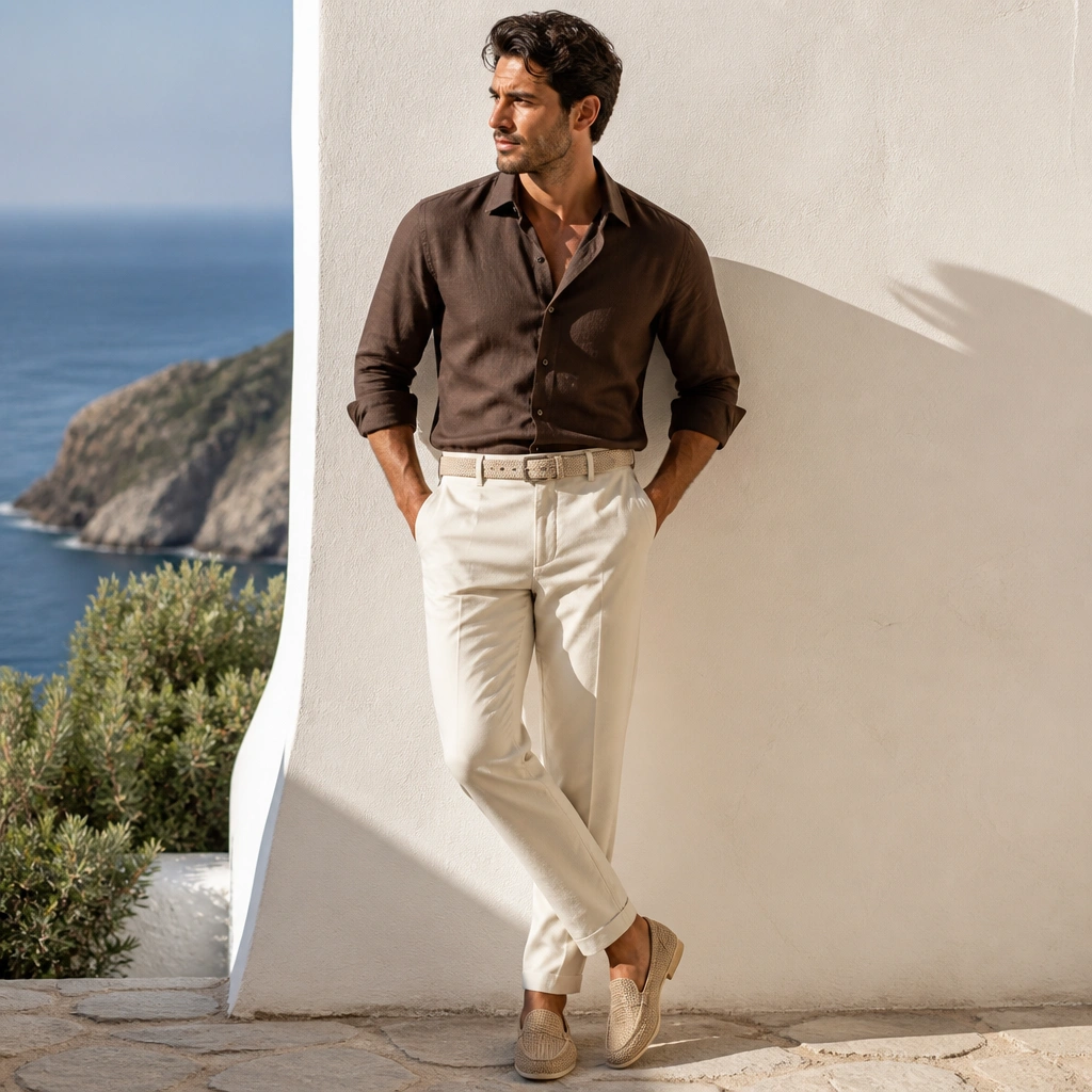 A cocoa brown shirt tucked into cream chinos, with woven textured loafers and a light tan belt; the outfit is photographed outdoors with bright highlights.