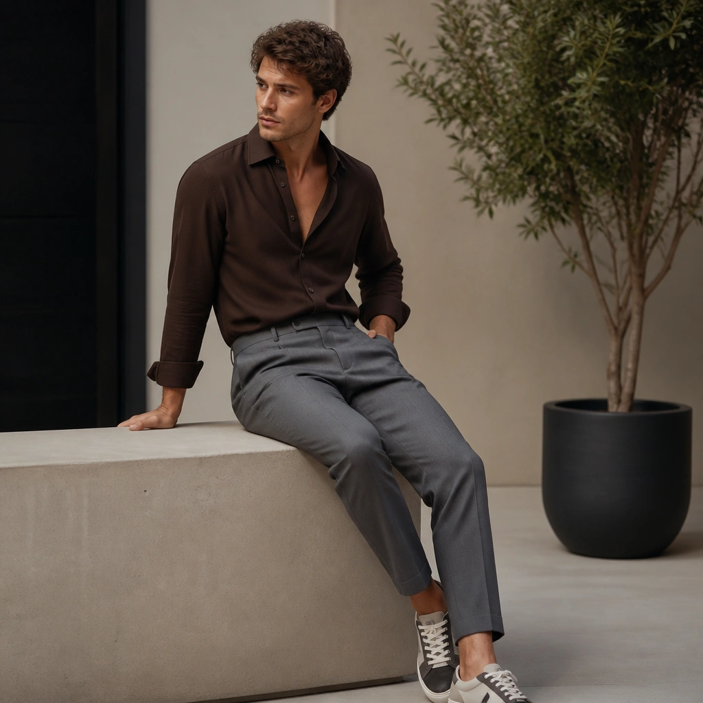 A dark brown shirt worn slightly unbuttoned with gray suit pants and monochrome sneakers; the styling shows a clean collar and a modern, semi-formal vibe.