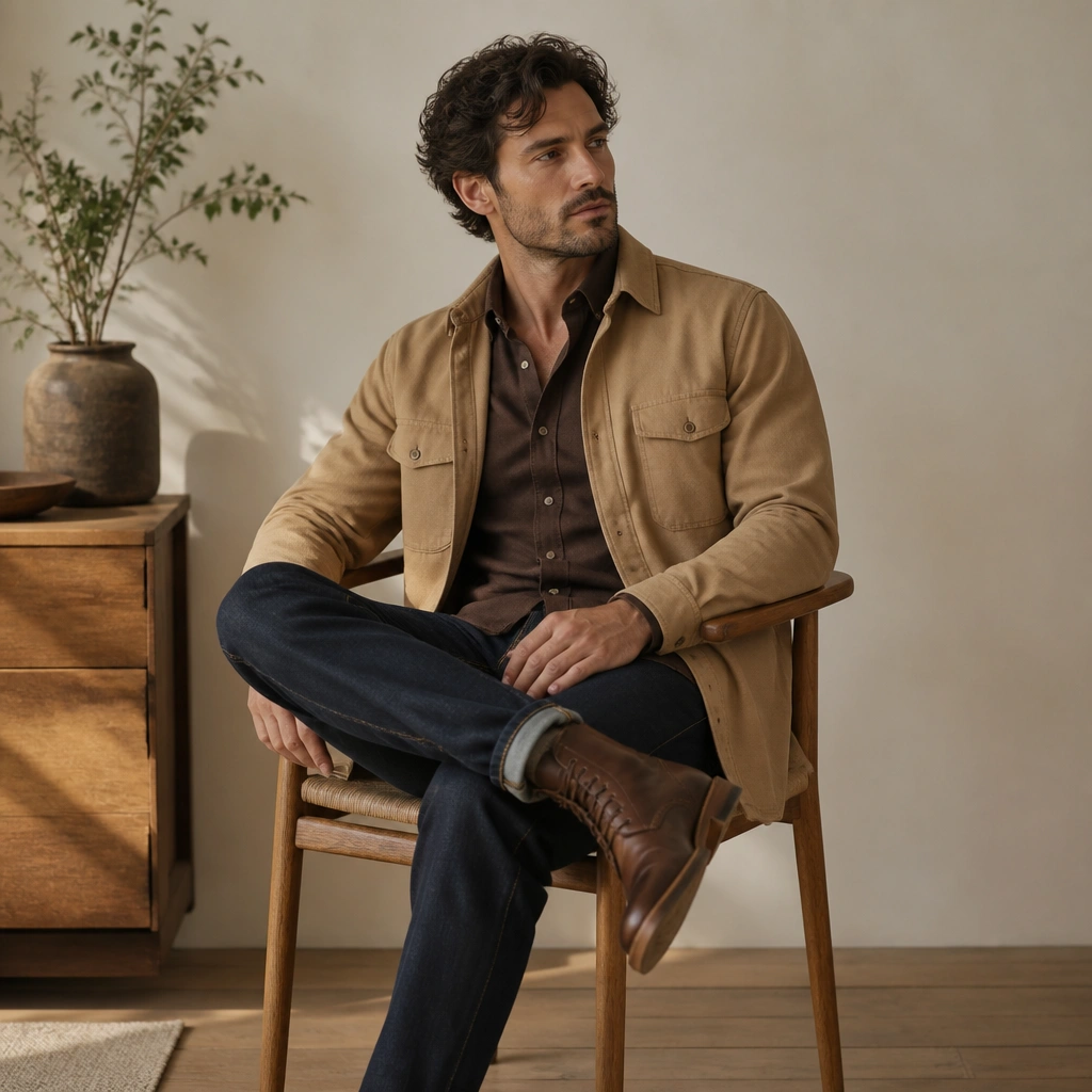 A layered look: espresso brown shirt under a camel overshirt, worn with dark denim and a pair of brown boots; the collar layers are clearly visible.