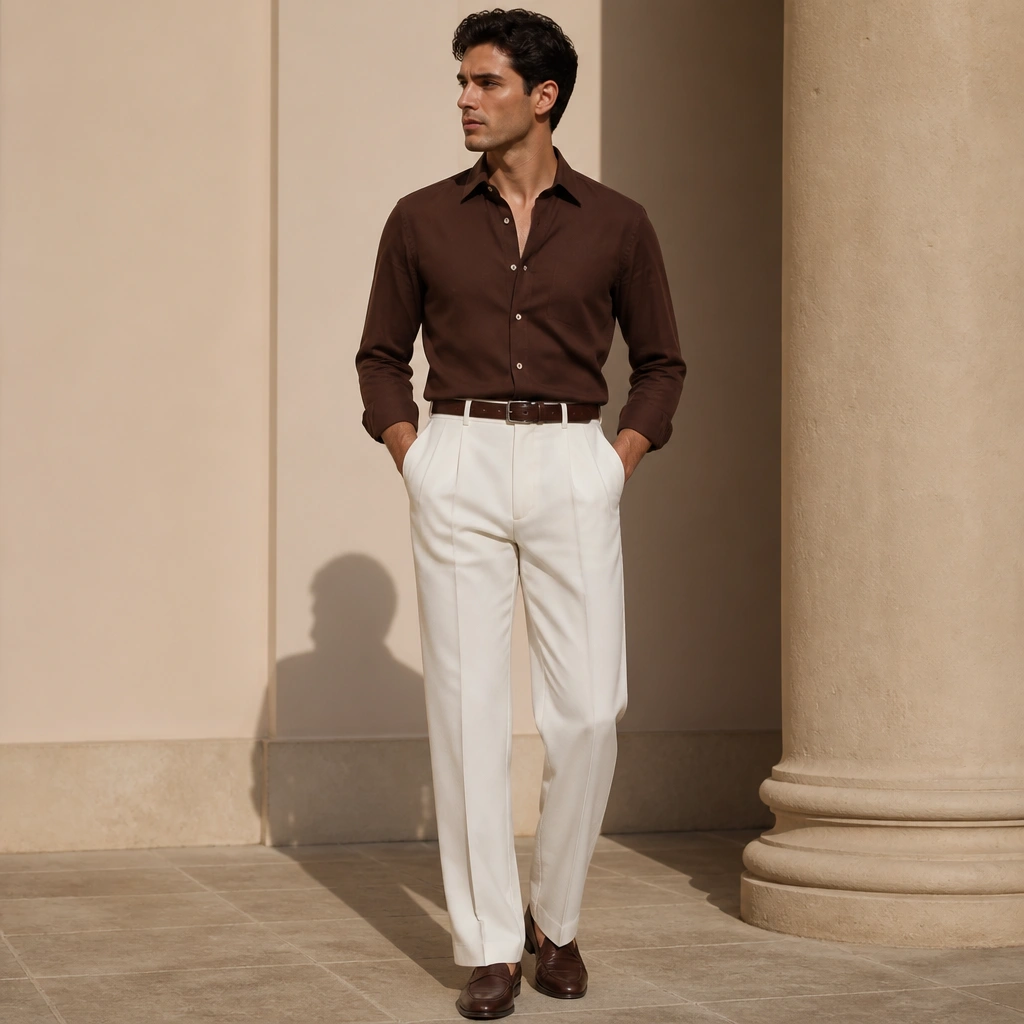 A dark brown shirt tucked into white pleated trousers with a brown belt; the photo shows a crisp front crease and a clean, elevated silhouette.