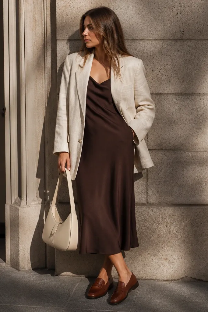 Cocoa slip dress with oat blazer, cognac loafers, and a cream leather bag