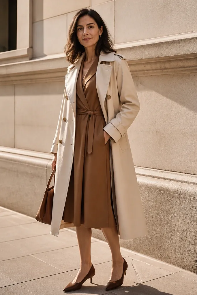 Caramel wrap dress with a cream trench coat and brown kitten heels