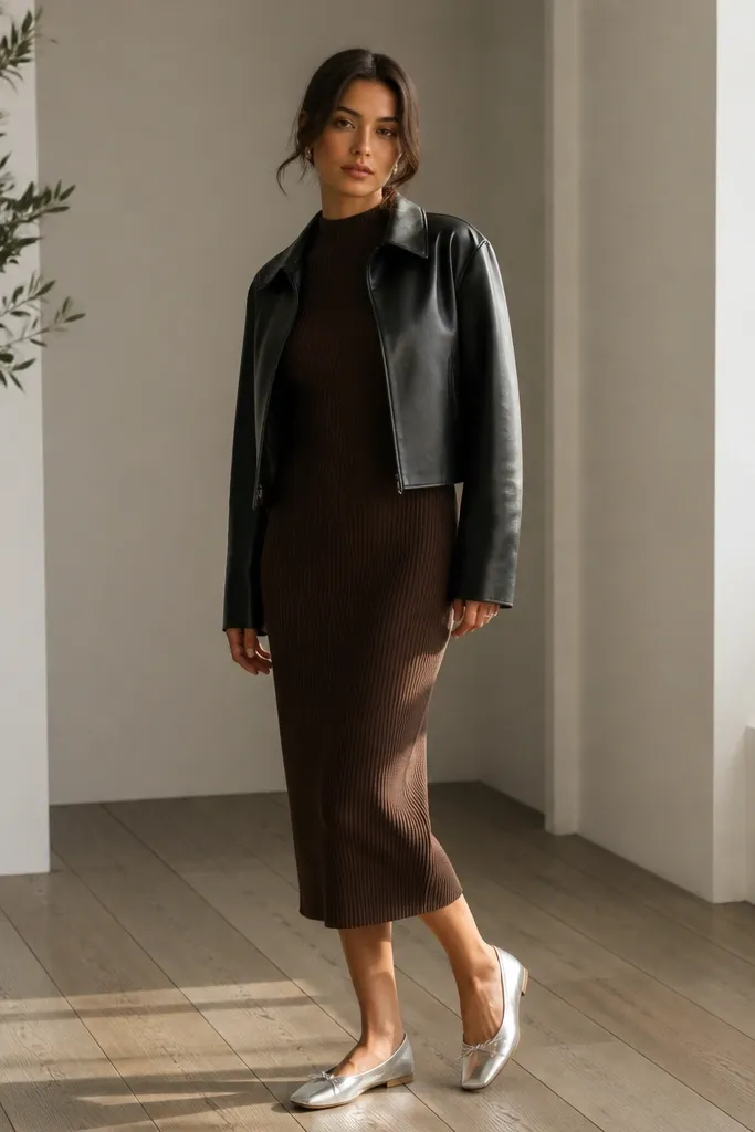 Espresso ribbed midi dress with cropped black leather jacket and silver flats