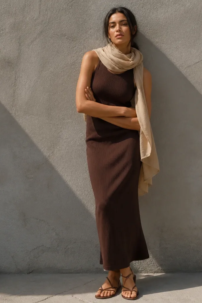 Tobacco column dress with an oat scarf and brown strappy sandals