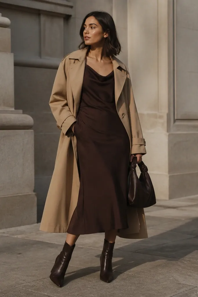 Chocolate midi dress with camel trench and dark brown ankle boots