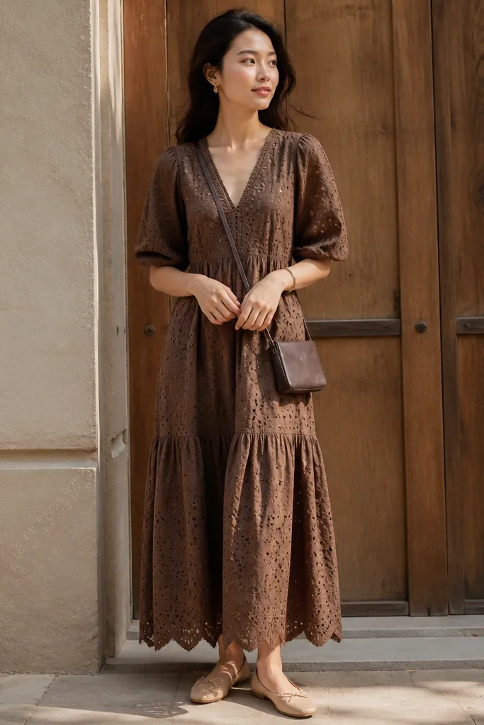 Walnut eyelet dress with nude flats and a mini brown crossbody