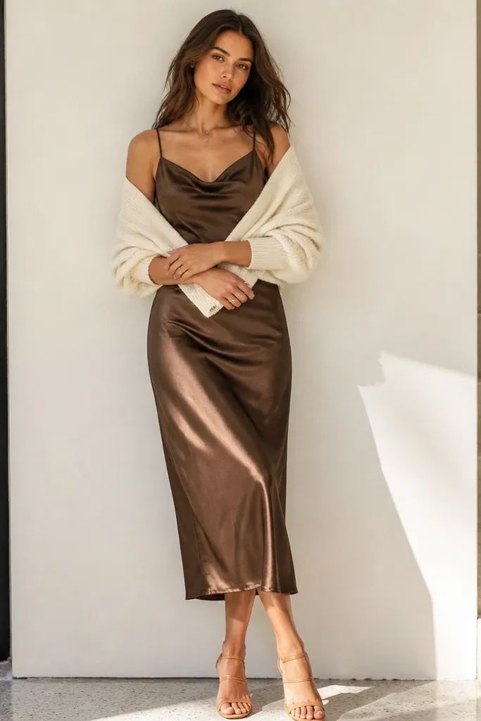 Mocha satin slip dress with cream wrap sweater and tan T-strap heels