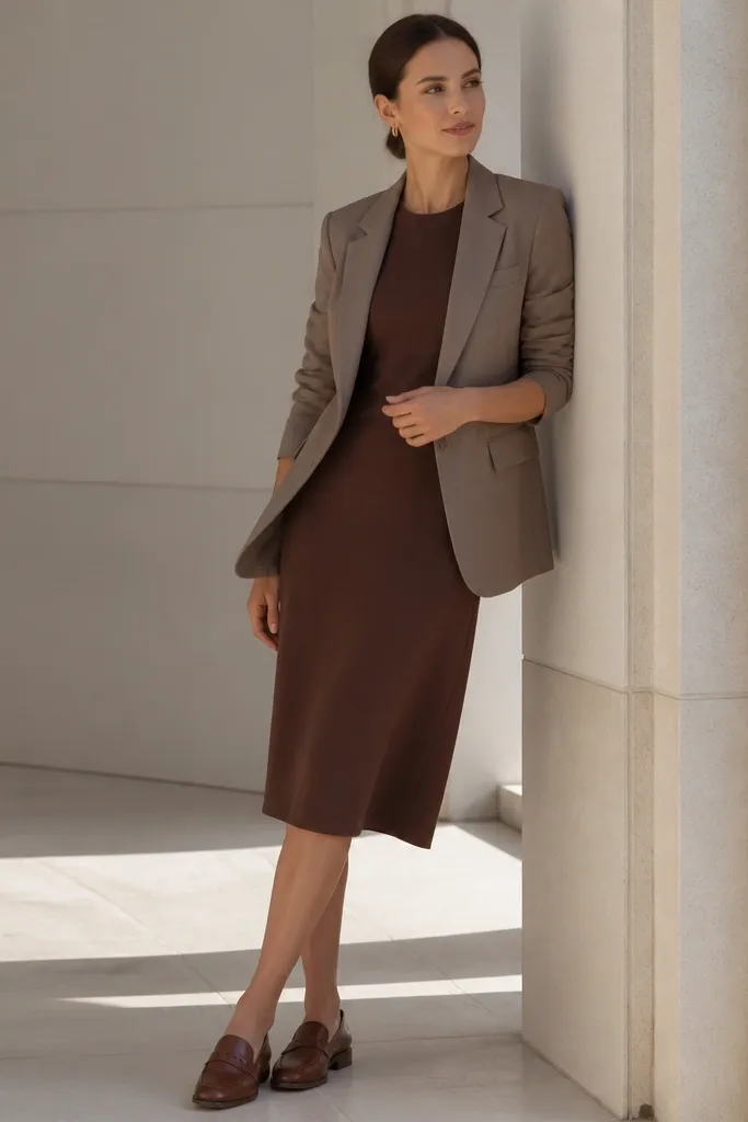 Carob sheath dress with taupe blazer and brown loafers