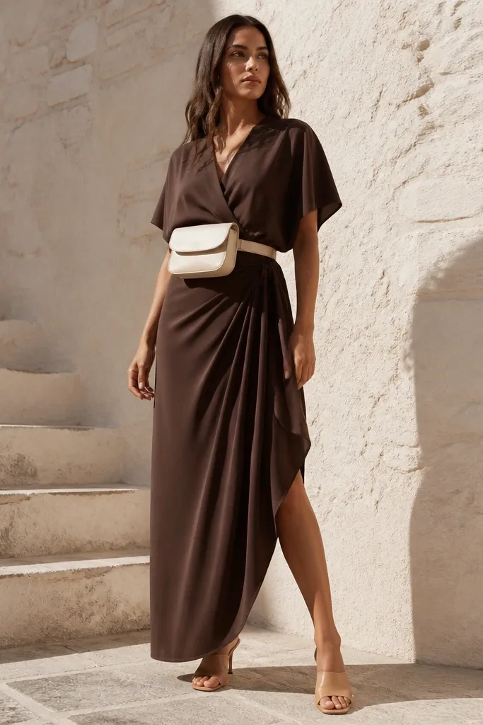 Espresso wrap maxi dress with cream belt bag and heeled mules