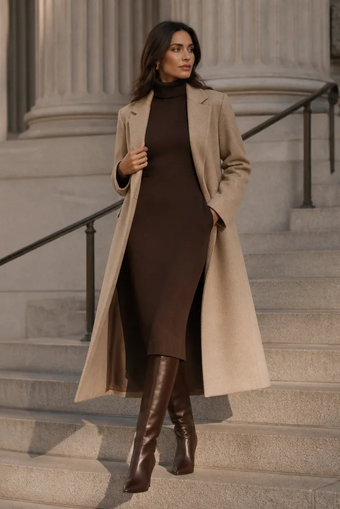 Chocolate turtleneck midi with oat overcoat and brown knee boots