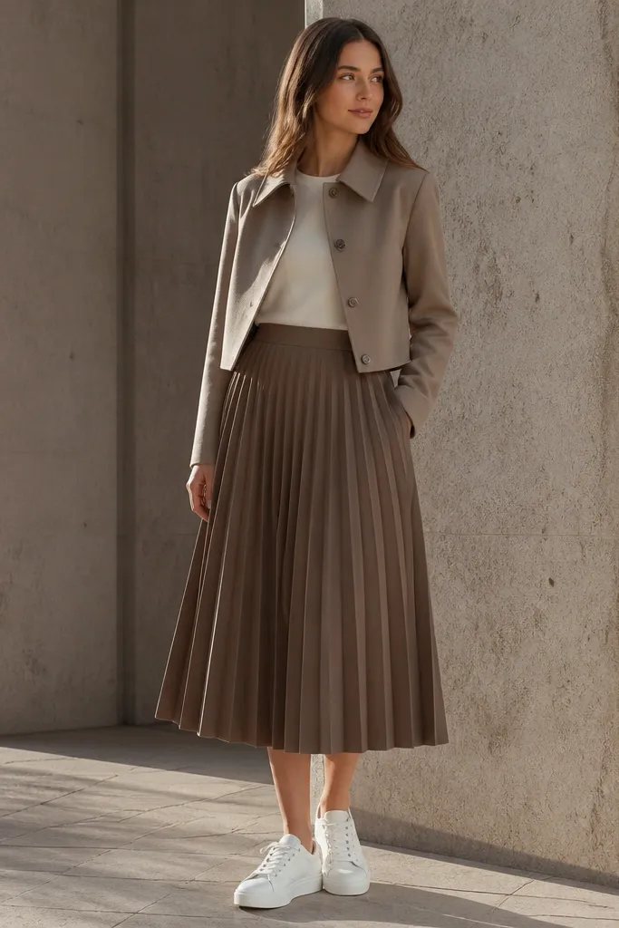 Mocha pleated midi with taupe cropped jacket and white sneakers
