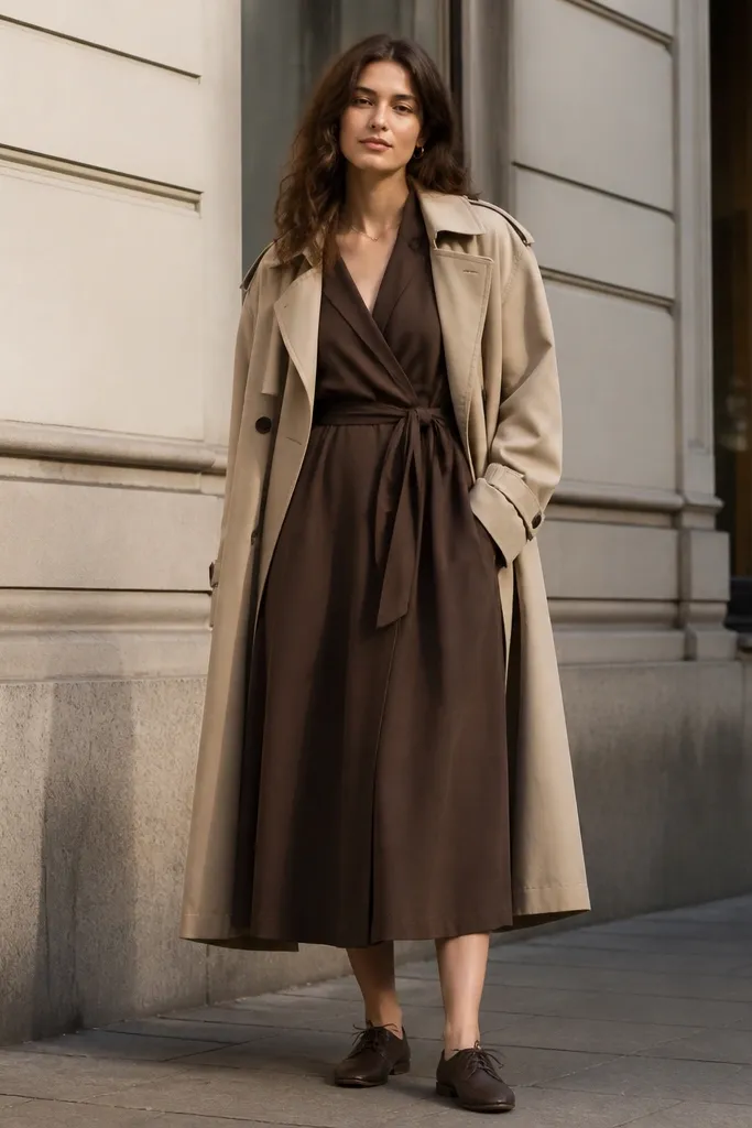 Espresso wrap shirt dress with beige trench and flat lace-up shoes
