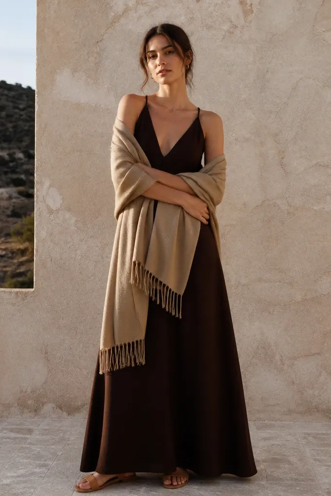 Chocolate maxi dress with camel wrap shawl and minimal tan sandals