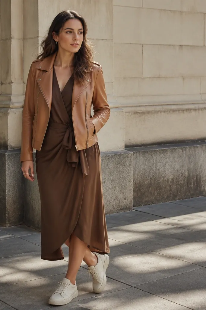 Walnut wrap midi with tan leather jacket and cream sneakers