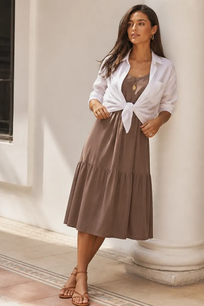 Mocha poplin dress with a white button-up tied at the waist and brown sandals