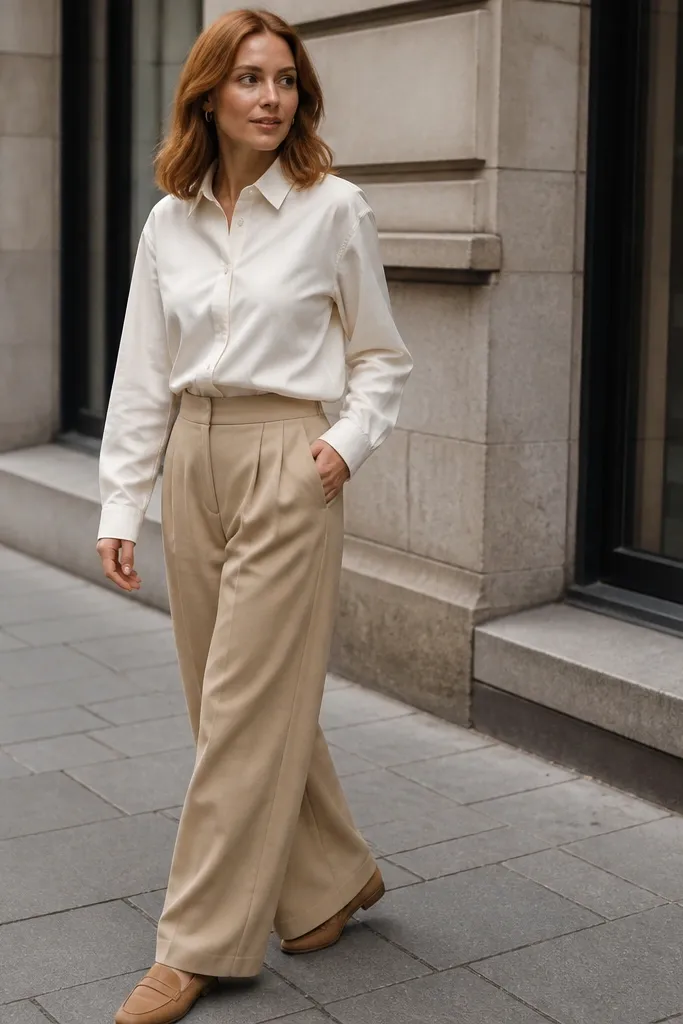 Cream button-up shirt tucked into oat wide-leg trousers with tan loafers