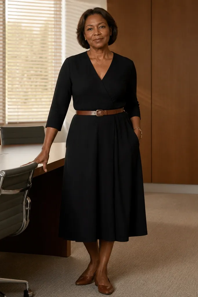 Black V-neck midi dress cinched with a cognac belt and worn with square-toe flats