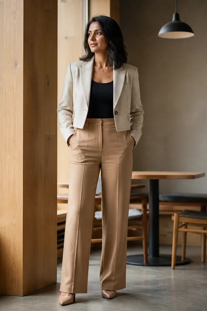 Sand cropped blazer over a black tank with camel straight trousers