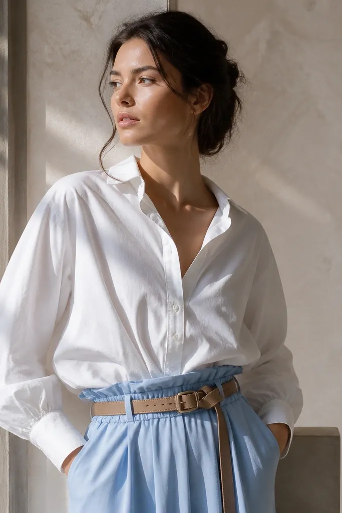 White oversized shirt with a light blue paperbag waist and tan belt