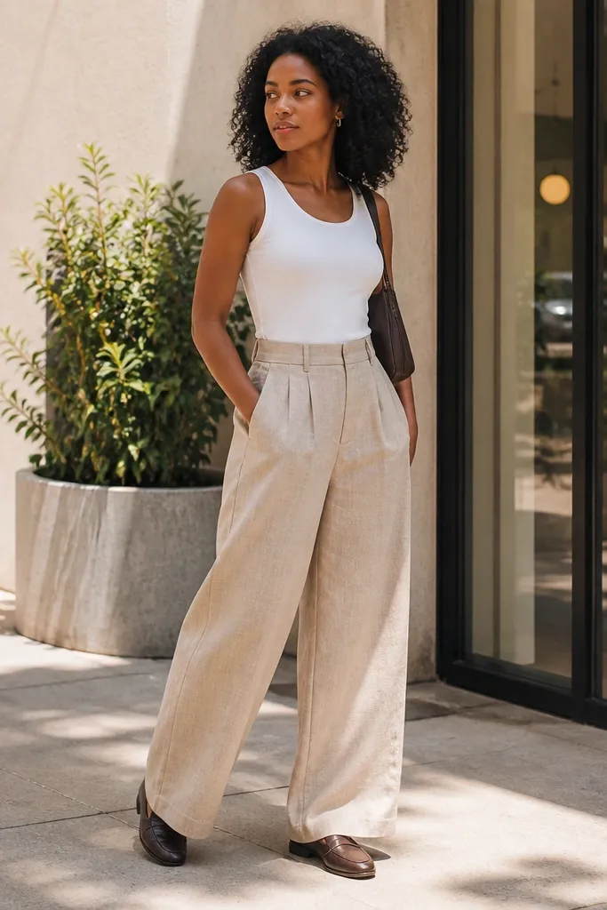 White tank with light tan linen-blend wide-leg pants and espresso loafers