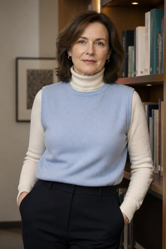 Powder blue sweater vest over a cream turtleneck with dark navy trousers