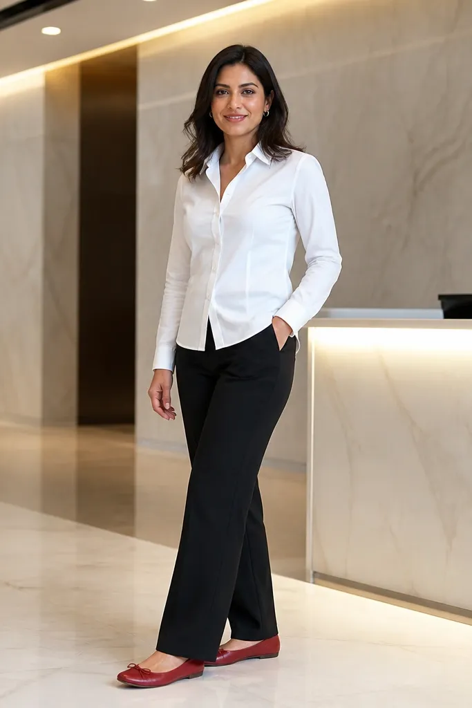White button-up with black straight-leg pants and red ballet flats