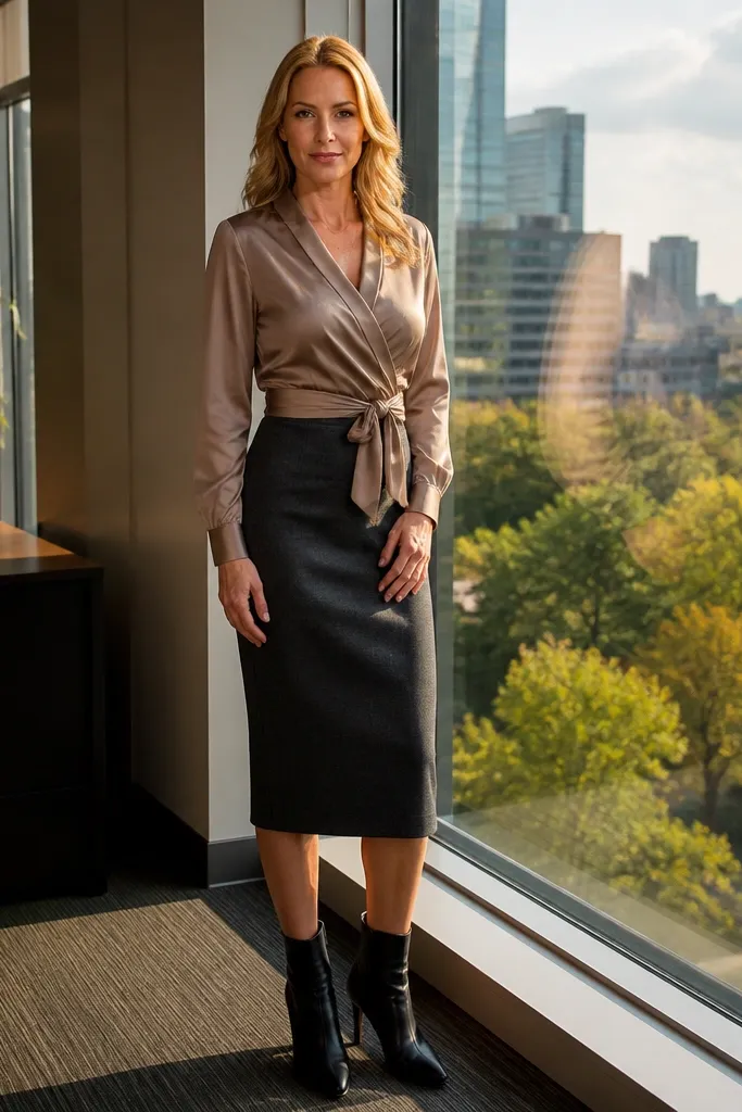 Taupe wrap blouse over a charcoal pencil skirt with black ankle boots