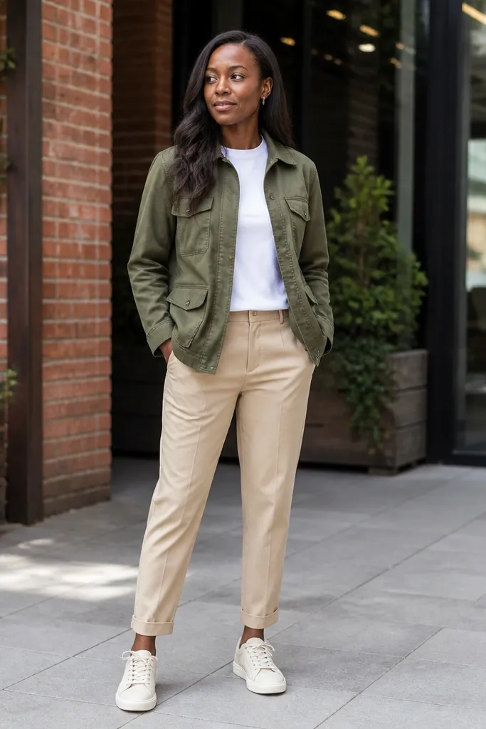 Olive utility jacket over a white tee with beige tapered trousers