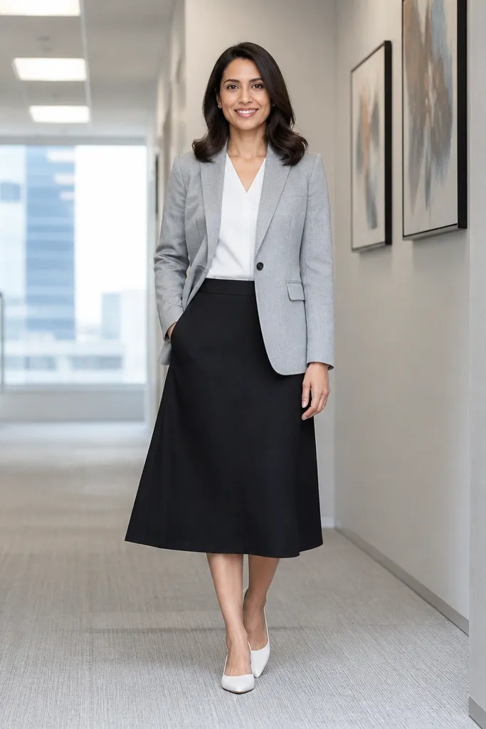 Light gray blazer over a black midi skirt with white pointed flats