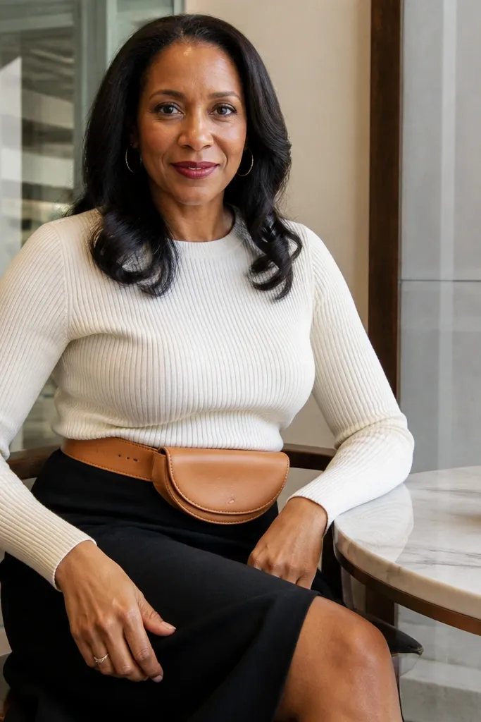 Black wrap skirt with an ivory knit top and a tan leather belt bag
