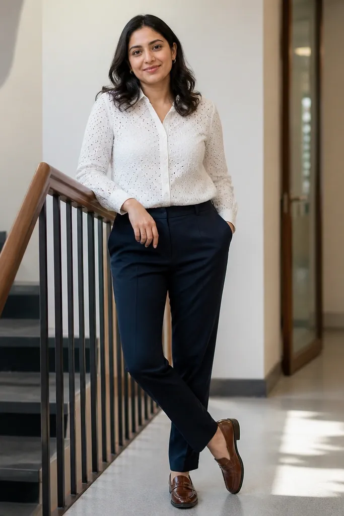 White eyelet blouse tucked into navy straight trousers with brown leather loafers