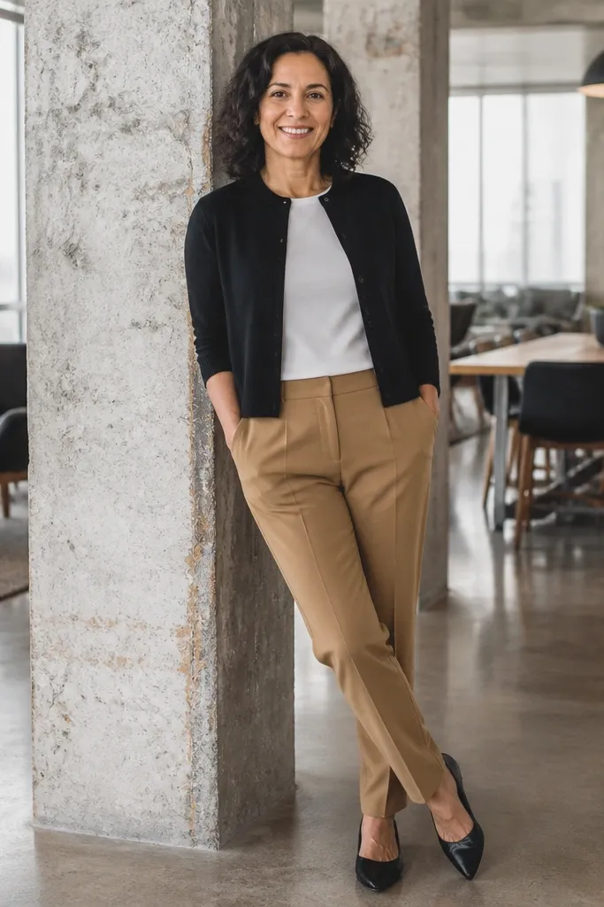 Camel tapered pants with a black cropped cardigan over a white top