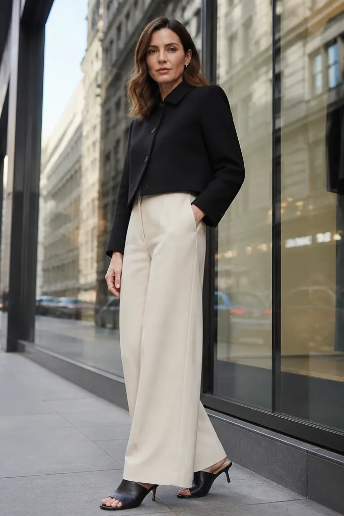 Black cropped jacket over a top with cream wide-leg trousers and black heel mules