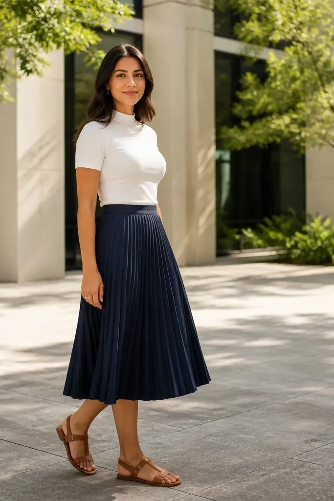 White mock-neck tee with a navy pleated midi skirt and tan sandals