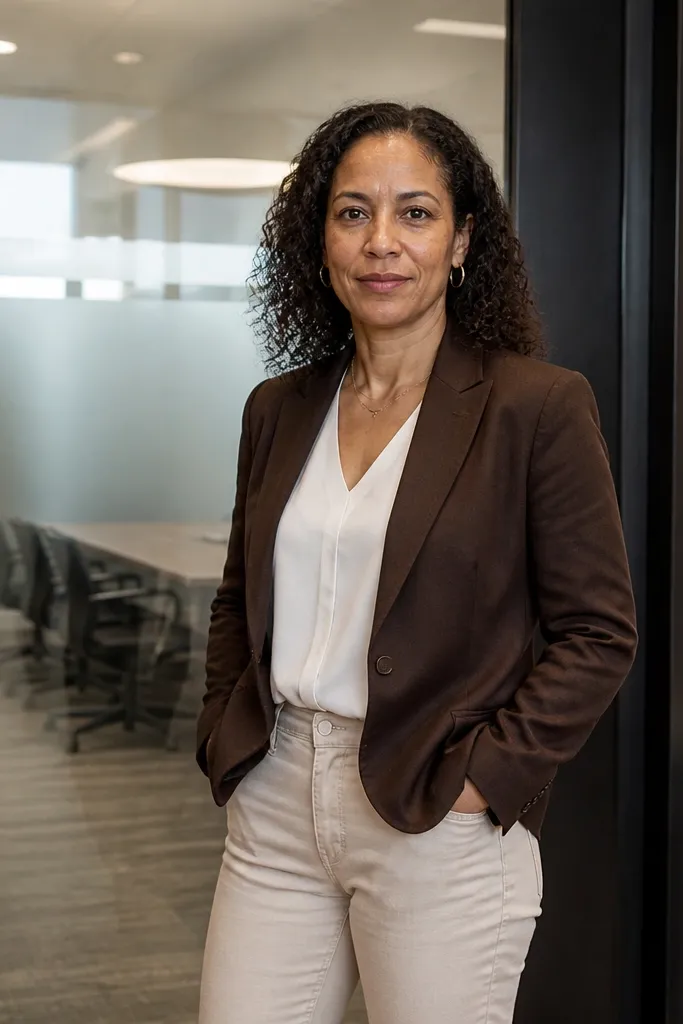 Chocolate brown blazer over an off-white blouse with beige straight jeans