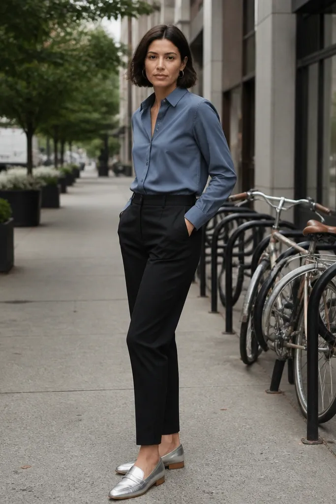 Slate blue button-down tucked into black trousers with silver loafers