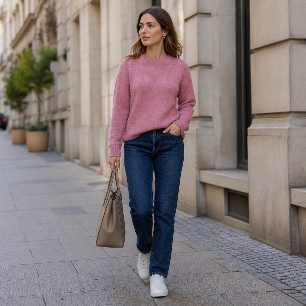 A rose pink crewneck sweater worn with straight-leg dark blue jeans and white leather sneakers; the outfit is photographed at street level with natural daylight.