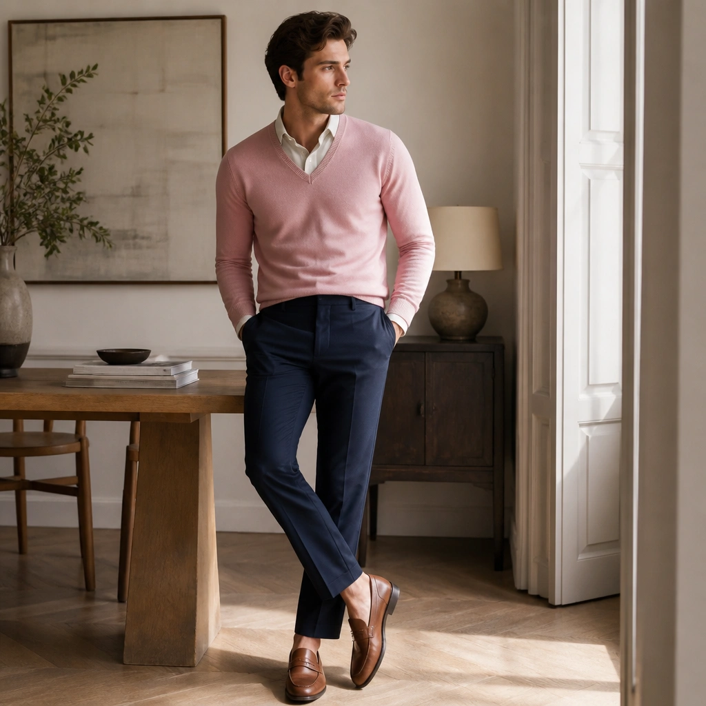 A soft pink V-neck sweater layered over a light neutral shirt, paired with navy trousers and brown leather loafers; the look is styled like smart-casual for indoors.