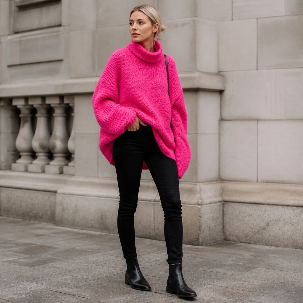 A hot pink oversized knit sweater draped loosely over black slim pants, styled with black Chelsea boots; the scene shows a confident, fashion-forward street look.