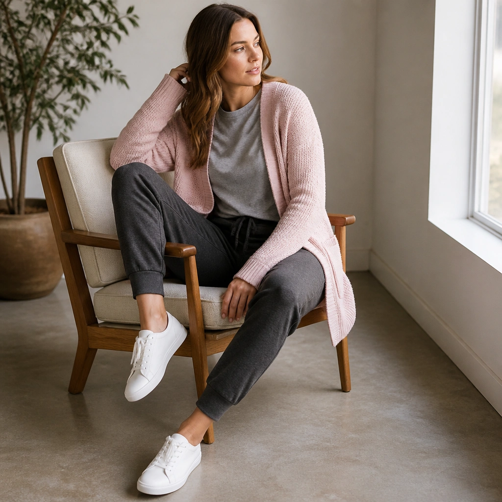 A powder pink cardigan worn open over a heather gray T-shirt with charcoal joggers and minimalist white sneakers; the photo shows a relaxed, everyday vibe.
