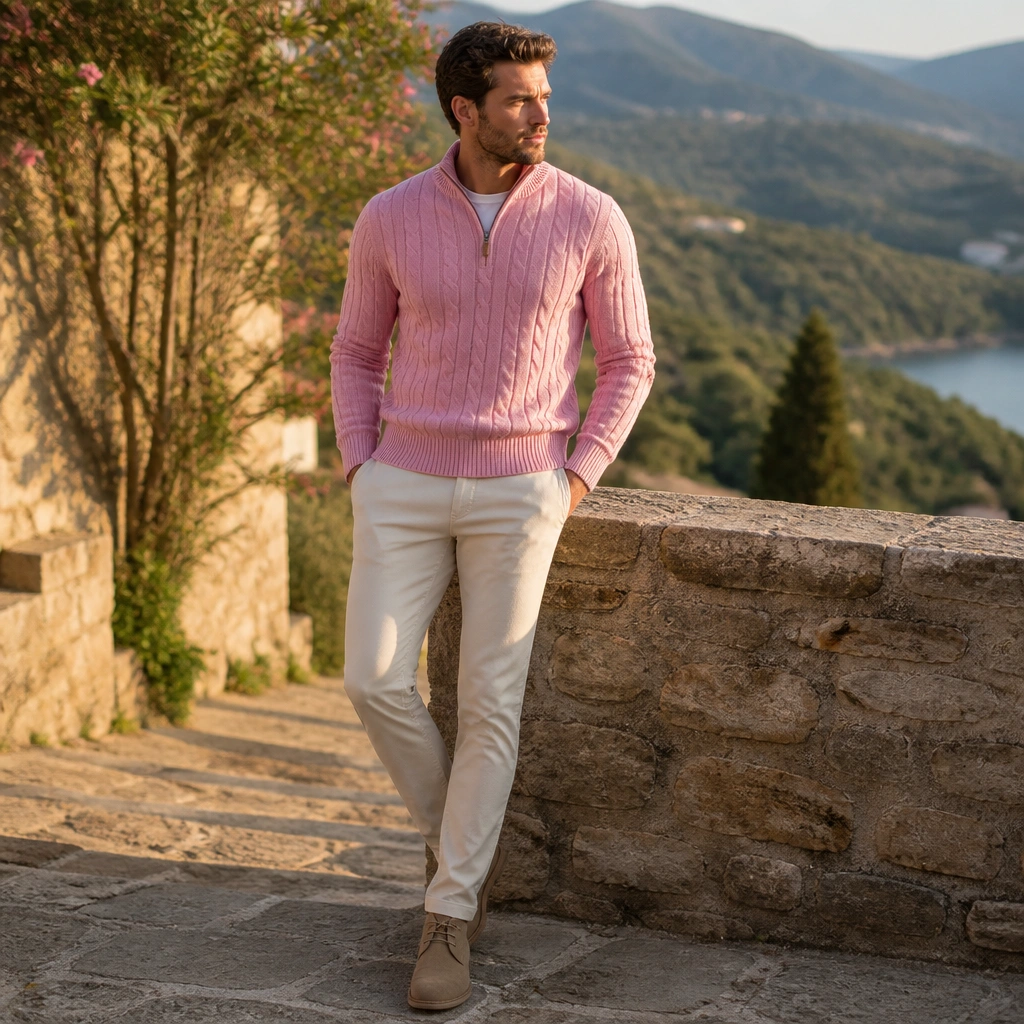 A pink cable knit half-zip sweater paired with cream chinos and tan suede desert boots; the image is outdoors with warm sunlight.